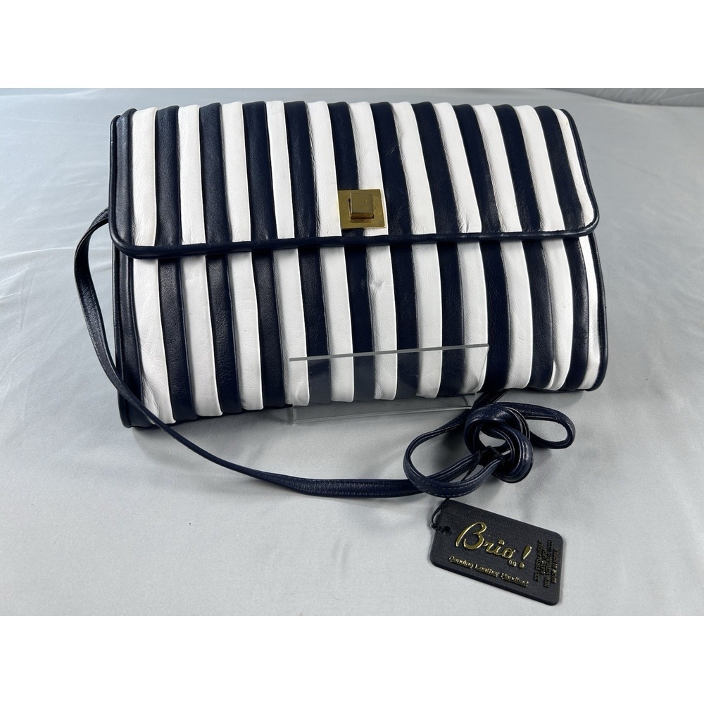 Brio Genuine Leather Clutch Crossbody Bag Navy White Striped Vintage‎ Gold Clasp